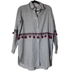 Derhy K Stripped Button Down Shirt with Embroidery and Tassels Boho Small NWT